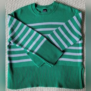 Gap 100% Cotton 24/7 Split-Hem Striped Oversized Crewneck Sweater, Grn & Lt Blue